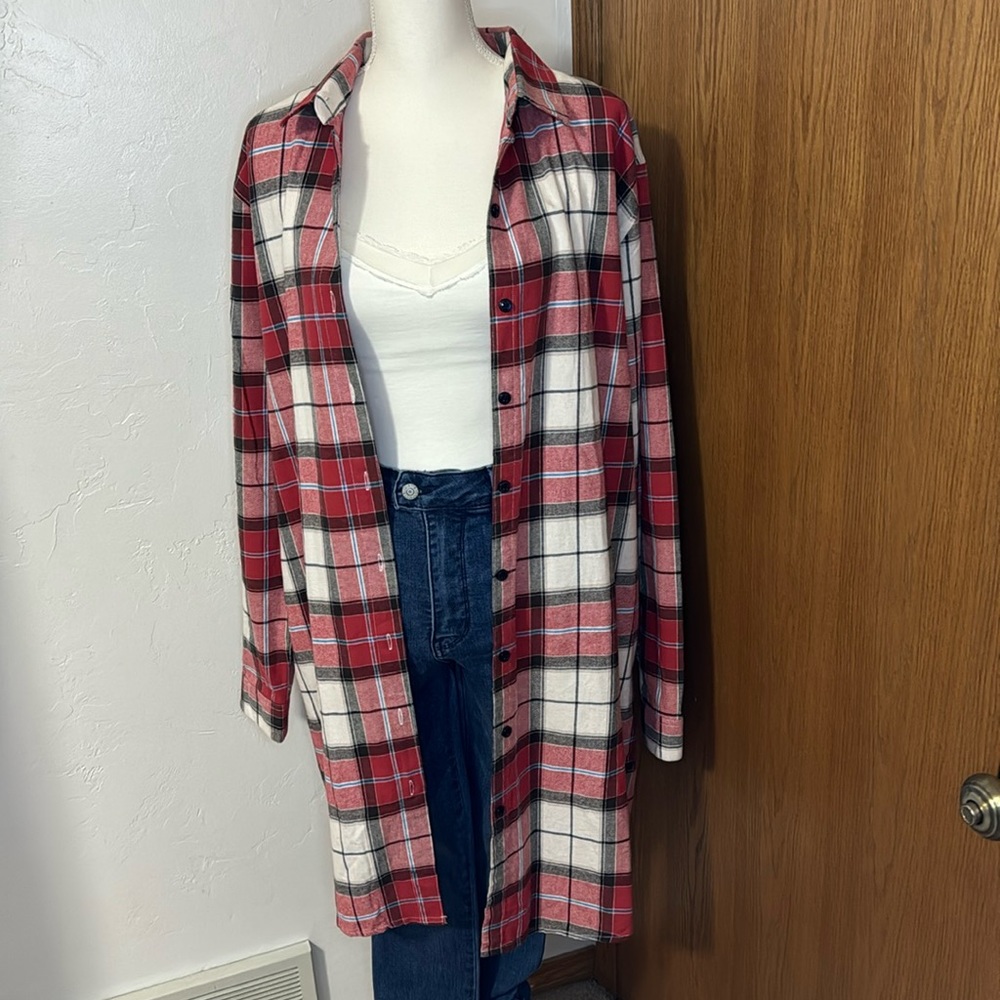Matchstick red, ivory & blue long cotton flannel top/dress L